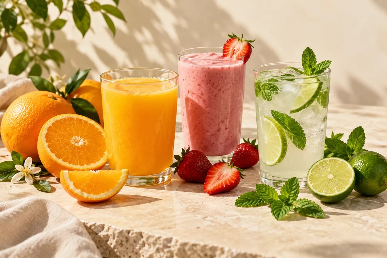 Orange juice, strawberry smoothie and mint lime water in a sunlit fruit still life